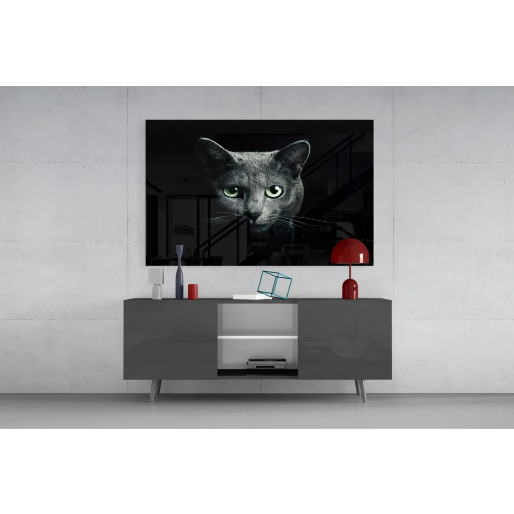Framed black-and-white glass wall art of gray cat with green eyes