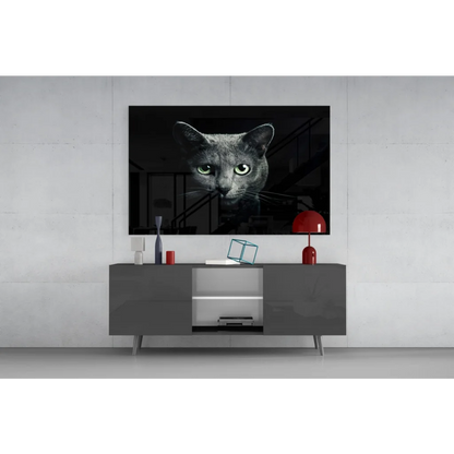 Framed black-and-white glass wall art of gray cat with green eyes