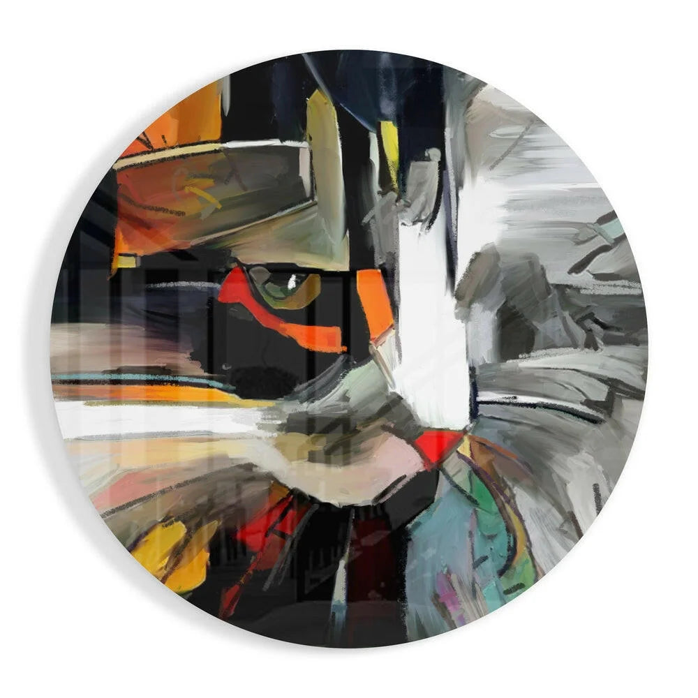 Bold cat face tempered glass art with abstract circular design in black, white, orange, gray