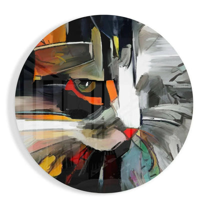 Bold cat face tempered glass art with abstract circular design in black, white, orange, gray