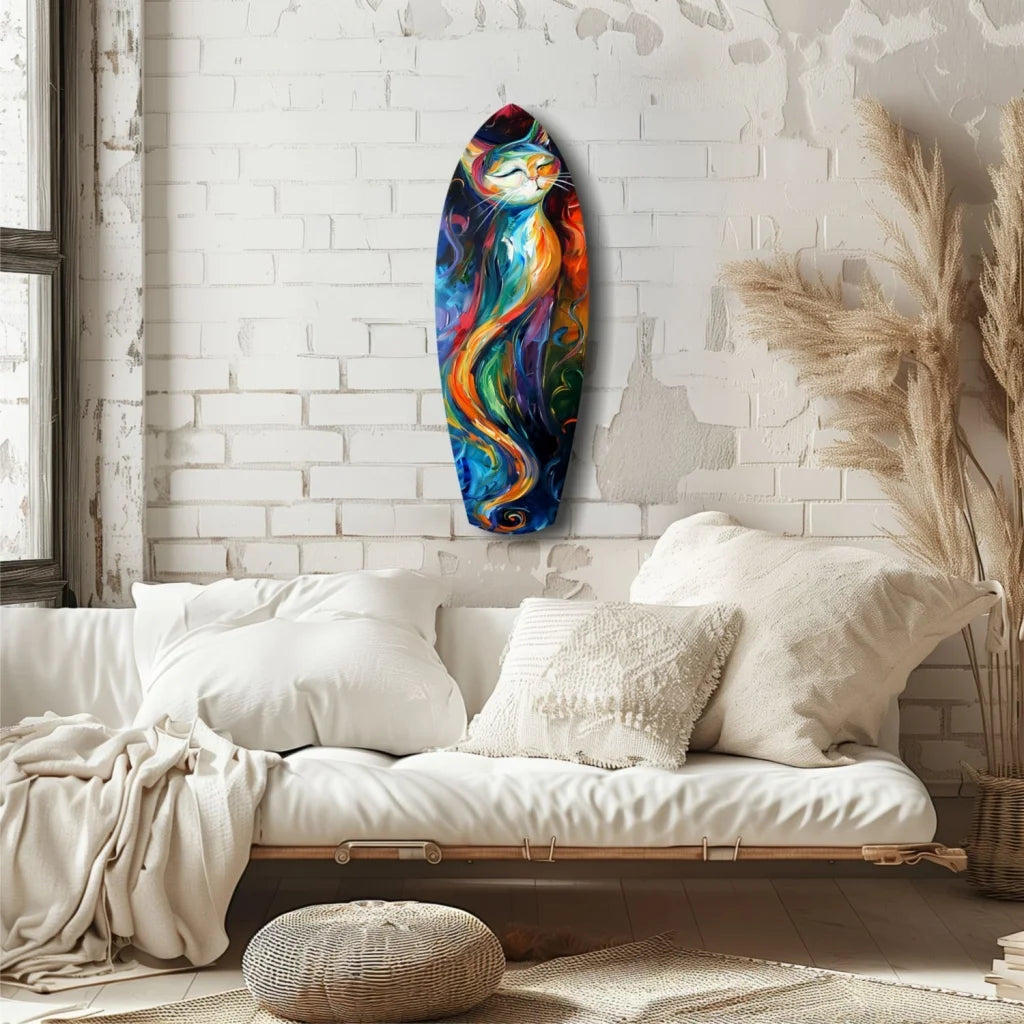 Vibrant colors cat mural on tempered glass surfboard art