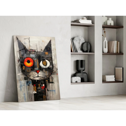 Mesmerizing black cat wall art with fiery orange eyes on gritty canvas