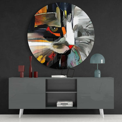 Bold cat face tempered glass art with abstract black, white, orange, gray strokes