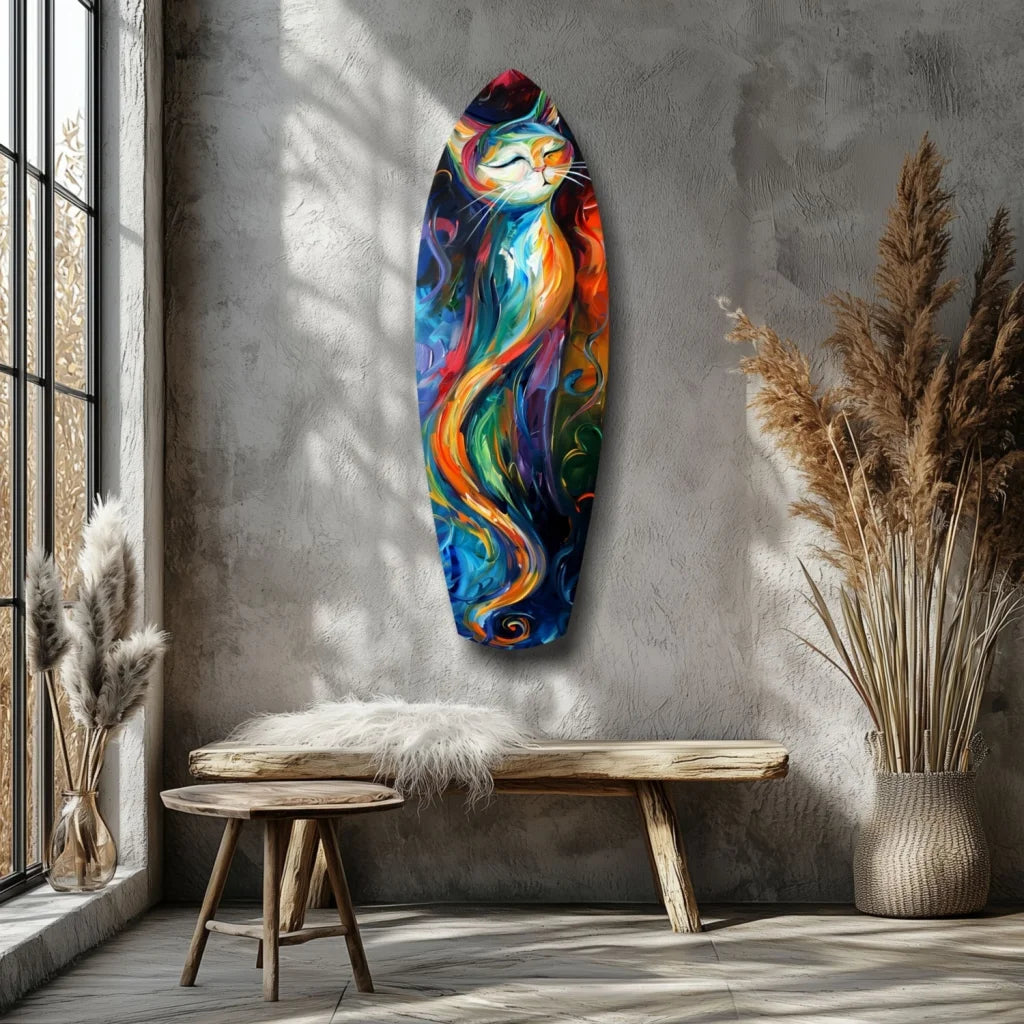 Vibrant colors cat surfboard tempered glass art with rainbow fur feline