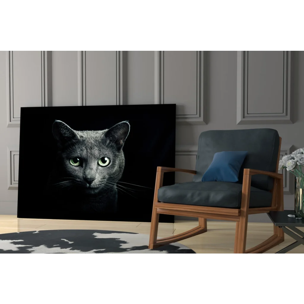 Stunning gray cat portrait on black canvas, luminous green eyes, glass wall art