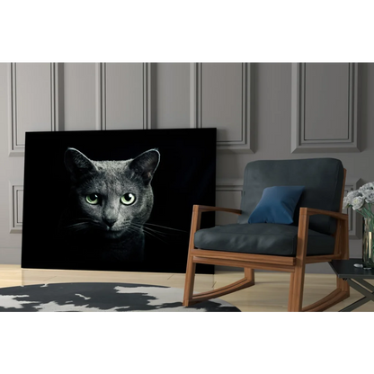 Stunning gray cat portrait on black canvas, luminous green eyes, glass wall art