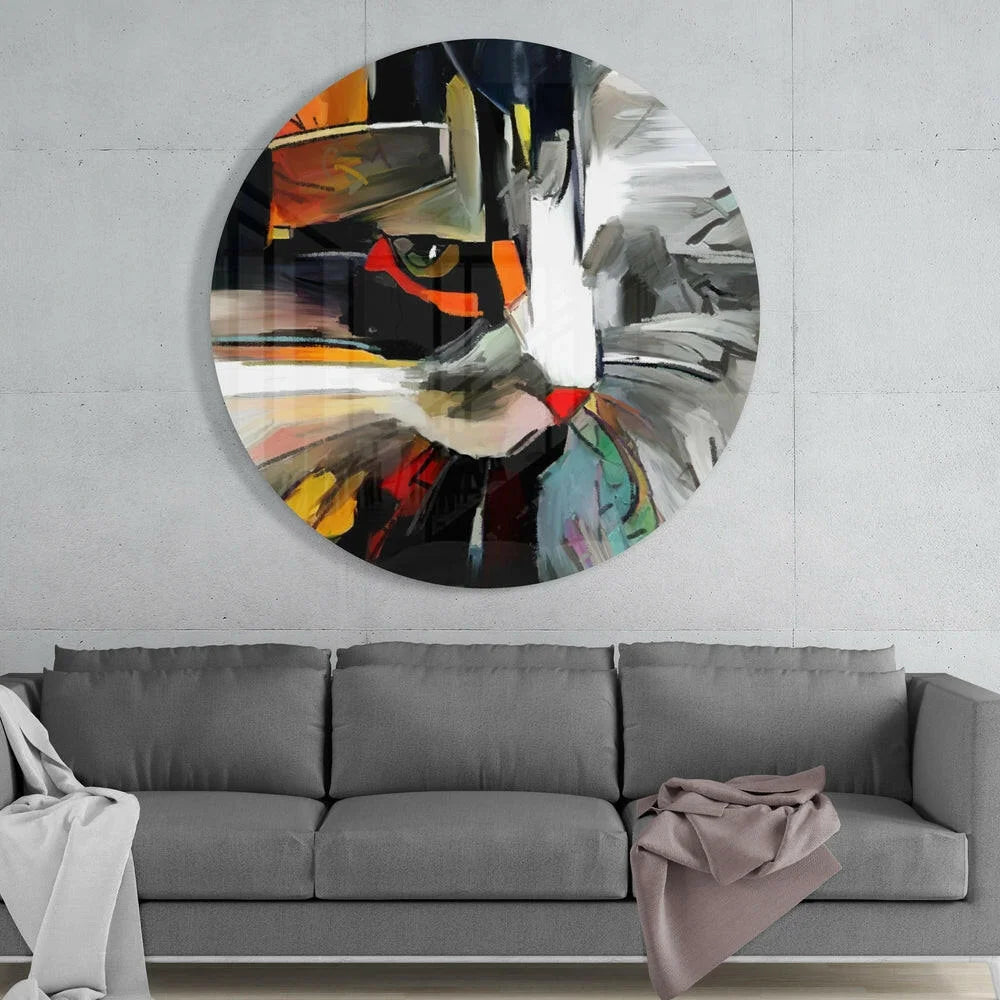 Bold cat face tempered glass art in abstract style for modern walls
