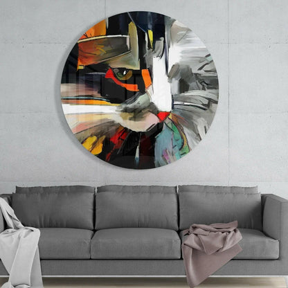 Bold cat face tempered glass art in abstract style for modern walls