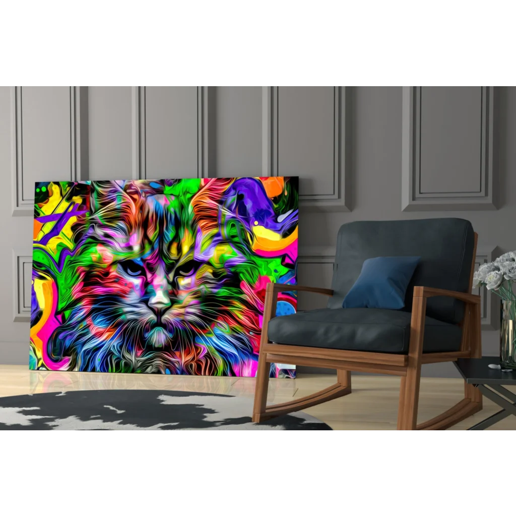 Vibrant abstract cat portrait glass wall art with neon swirls