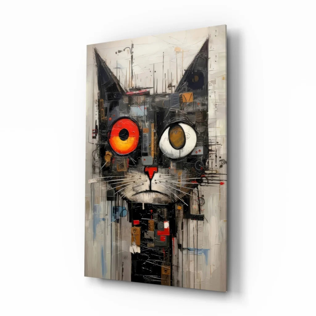 Abstract black cat wall art with fiery orange eyes on textured canvas
