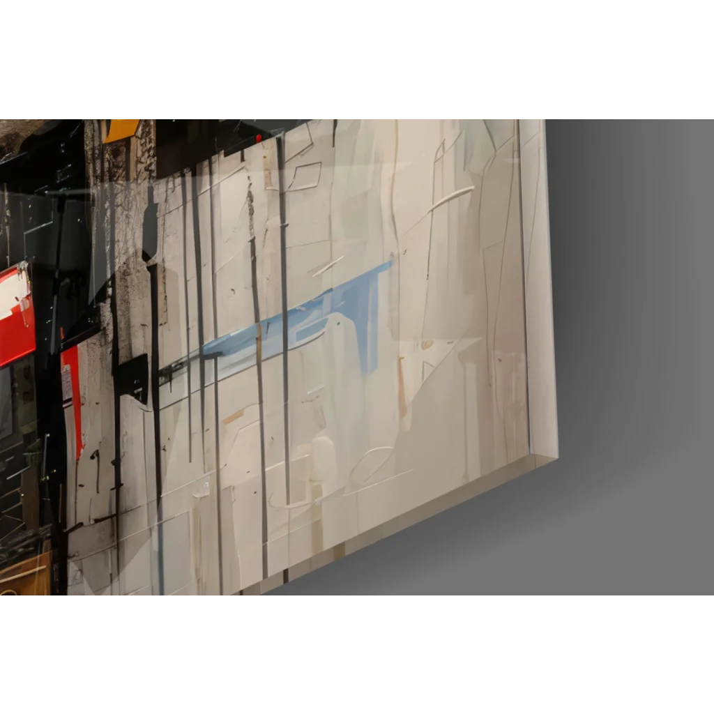 Abstract black cat wall art with fiery orange eyes and blue triangle streaks