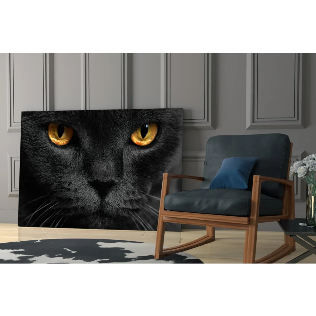Mesmerizing black cat glass wall art with striking golden eyes