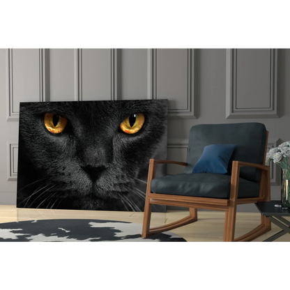 Mesmerizing black cat glass wall art with striking golden eyes