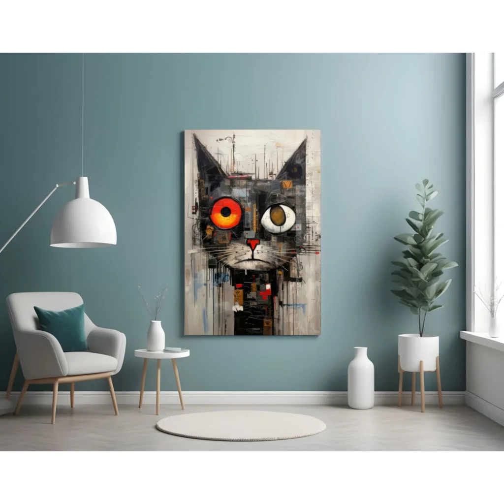 Abstract black cat wall art with fiery orange eyes on textured canvas