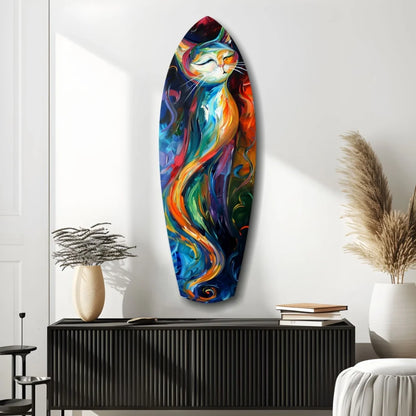 Vibrant colors cat surfboard tempered glass art with rainbow hues