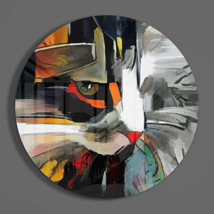 Bold cat face tempered glass art with abstract strokes in black, white, orange, gray