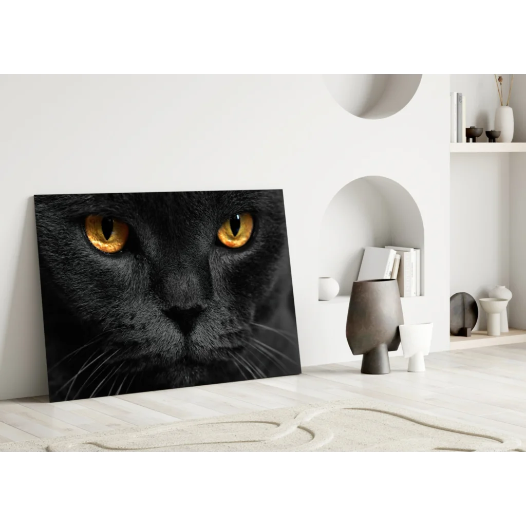 Mesmerizing Black Cat Glass Wall Art with Golden Eyes | Modern Wall Art Decor | vintageantiquesgifts.com
