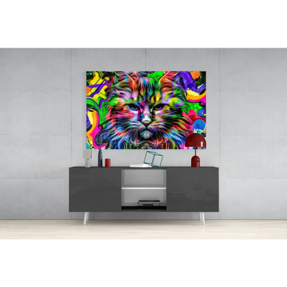 Vibrant psychedelic cat glass wall art with swirling neon colors
