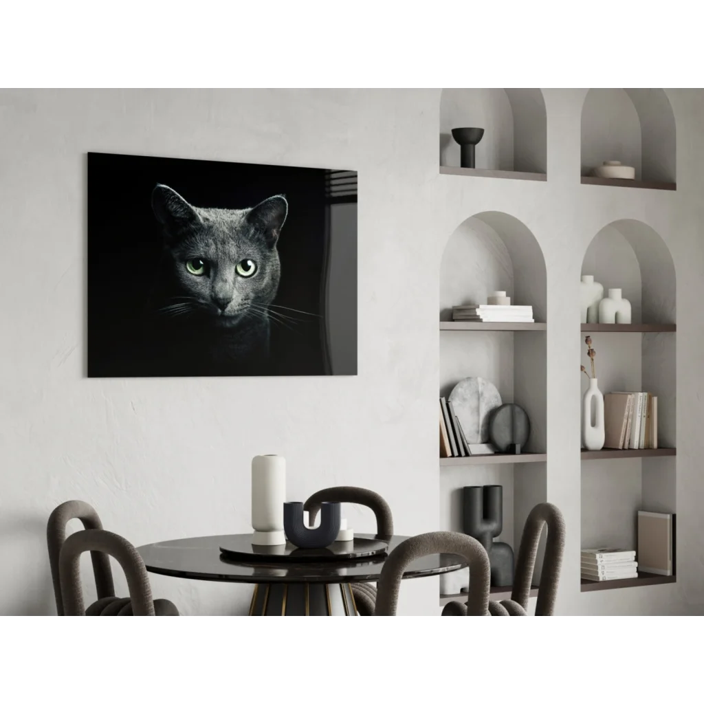 Black-and-white gray cat portrait on stunning glass wall art