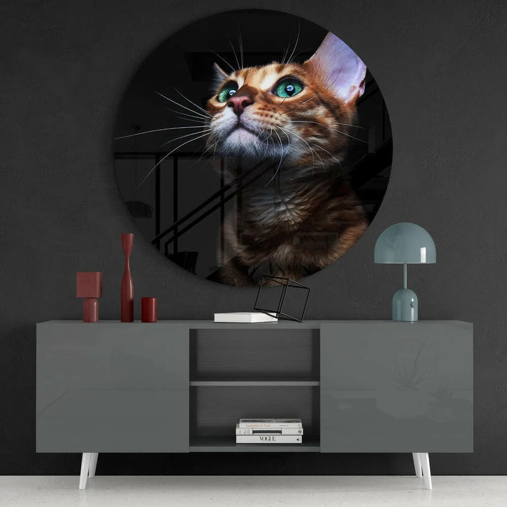 Orange tabby cat with vivid green eyes in tempered glass art