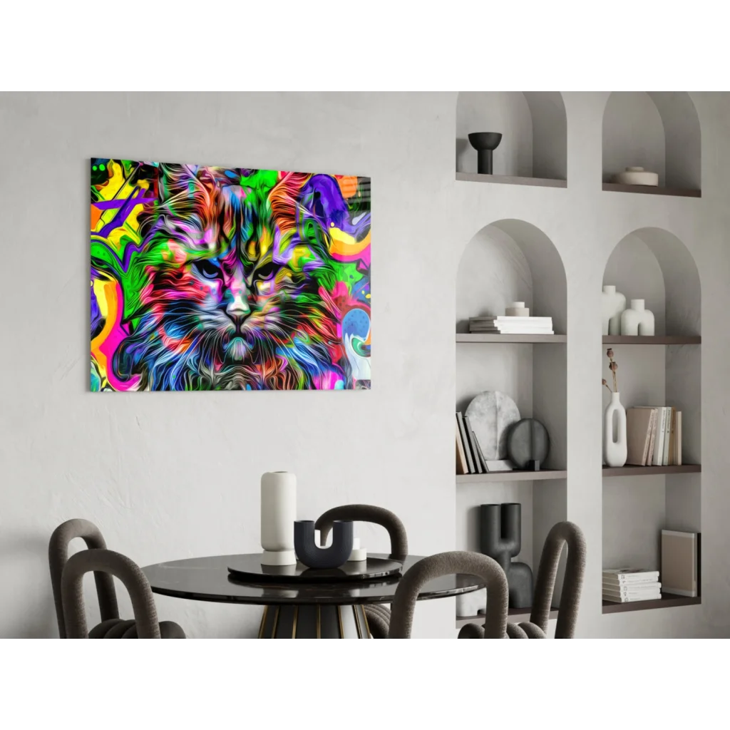 Vibrant psychedelic cat glass wall art with rainbow swirls