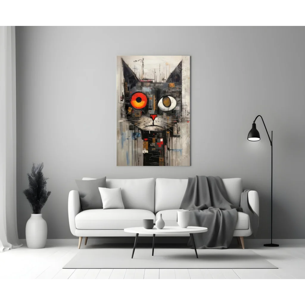 Abstract black and white cat glass wall art with fiery orange eyes on gray wall