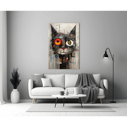 Abstract black and white cat glass wall art with fiery orange eyes on gray wall