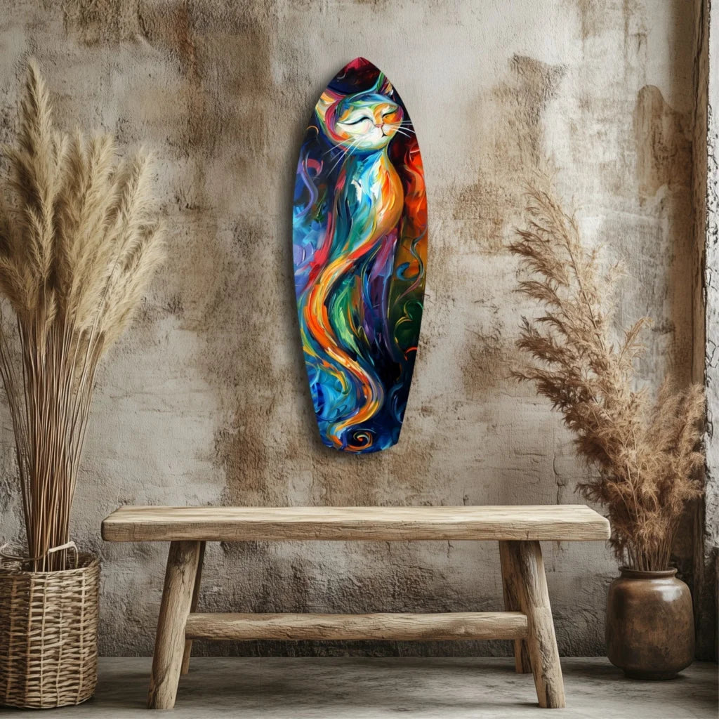 Vibrant colors cat mural on tempered glass surfboard art