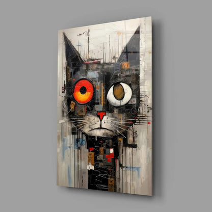 Abstract black cat wall art with fiery orange eyes on textured canvas