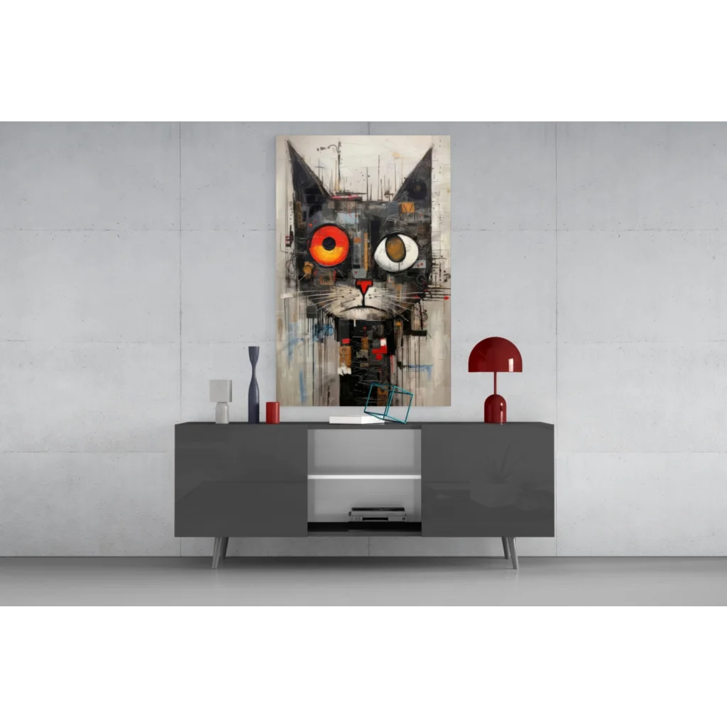 Abstract black cat glass wall art with fiery orange eyes on gray table