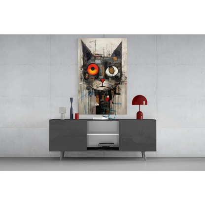 Abstract black cat glass wall art with fiery orange eyes on gray table