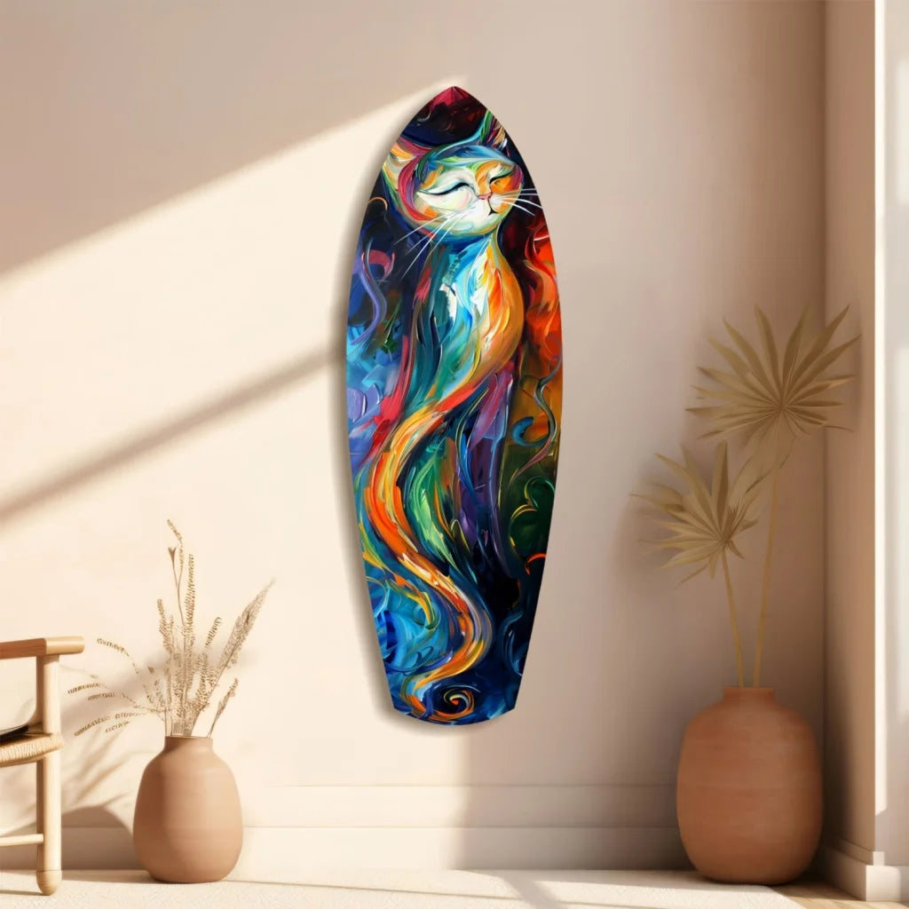 Vibrant cat mural on tempered glass art surfboard wall decor