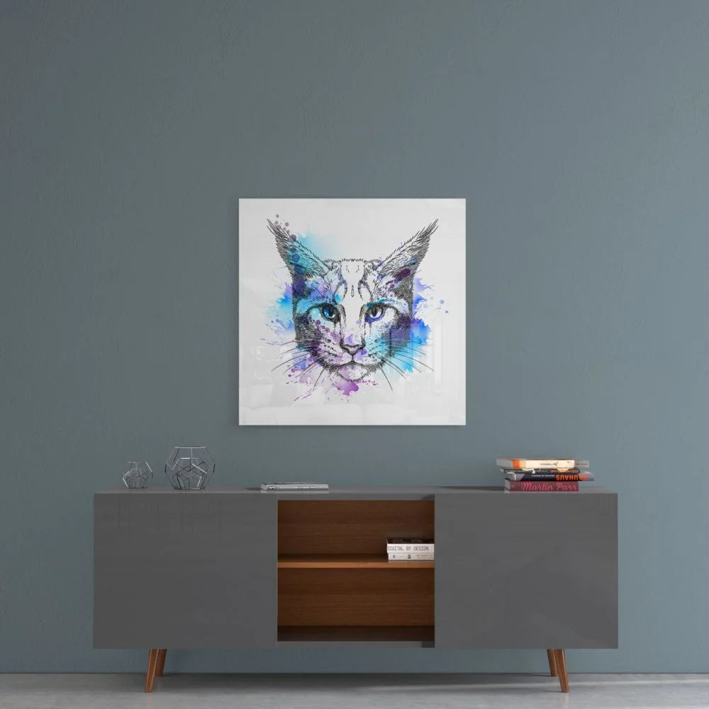 Vibrant Watercolor Cat Tempered Glass Art | Contemporary Home Wall Art | vintageantiquesgifts.com