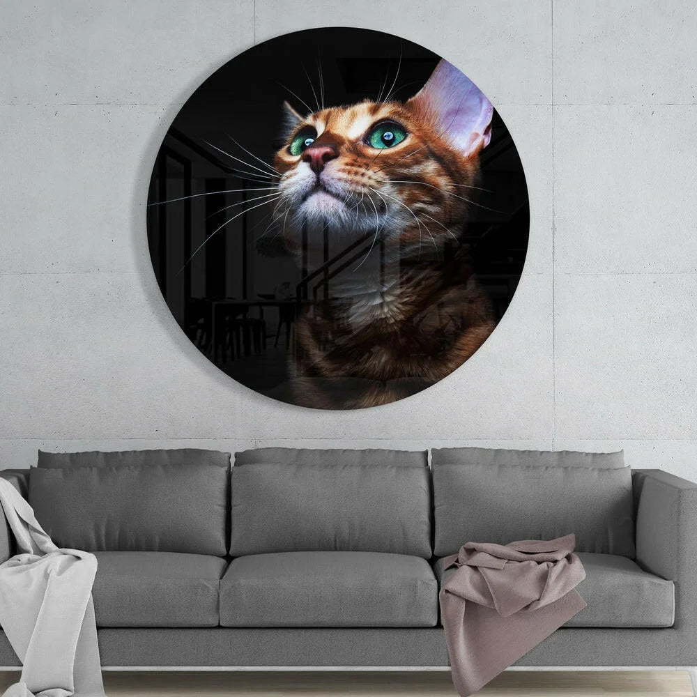 Stunning Bengal cat portrait in tempered glass art with vivid green eyes