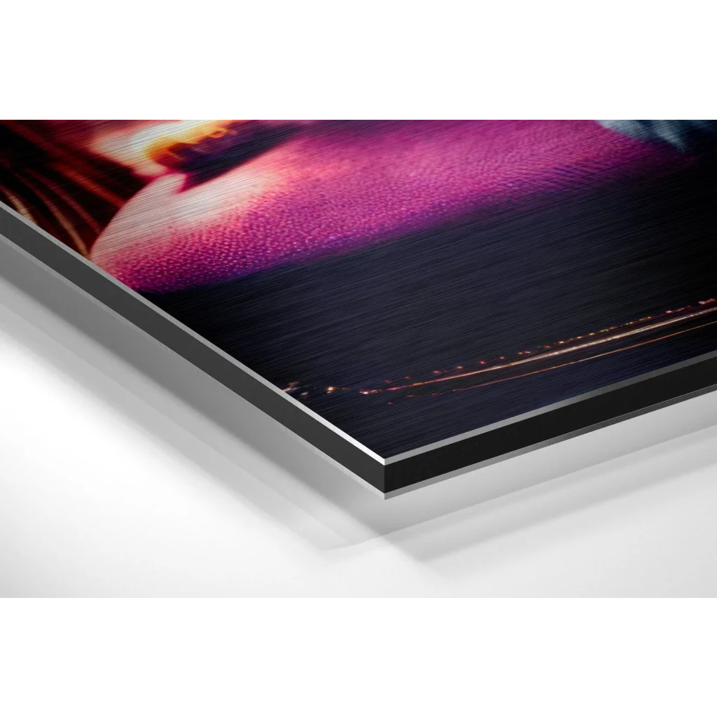 Vibrant pink purple lips on brushed aluminium dibond wall art