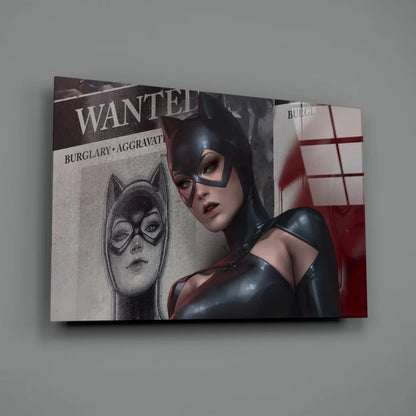 Black and red Catwoman glass wall art print in glossy latex costume