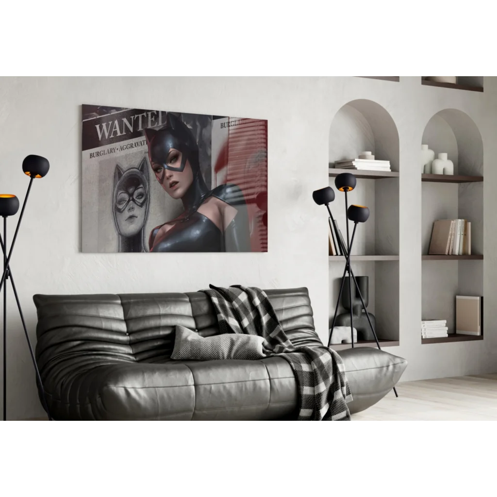 Sleek gray leather sofa with plaid throw and stunning glass wall art