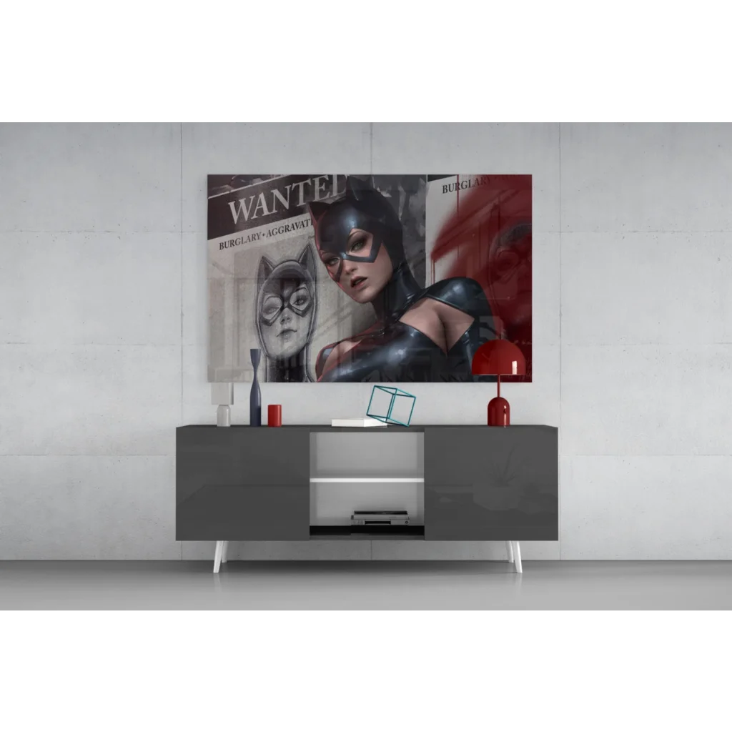 Striking black and red Catwoman wanted poster glass wall art print