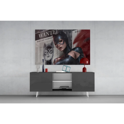 Striking black and red Catwoman wanted poster glass wall art print