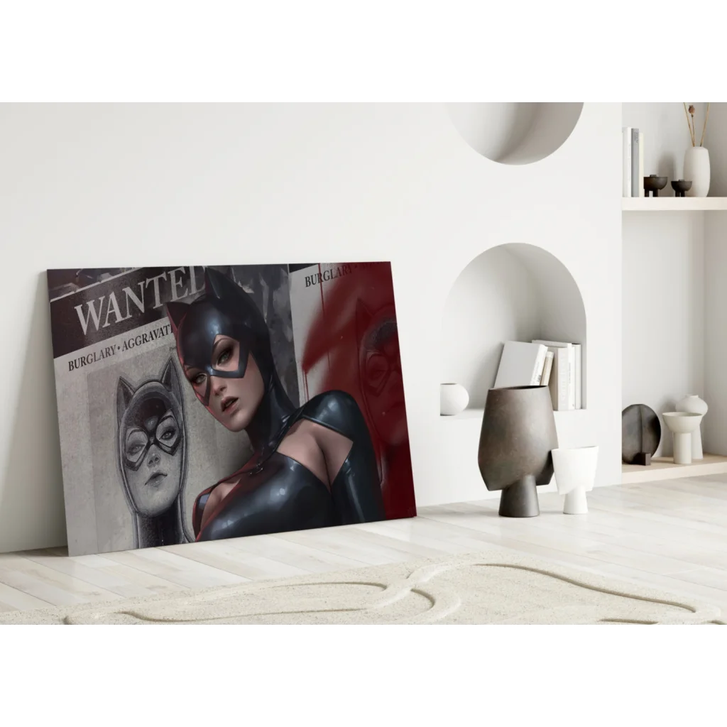 Catwoman glass wall art print on framed canvas with wanted poster background