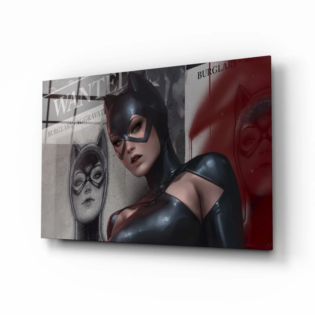Black glossy Catwoman glass wall art print with vintage wanted posters
