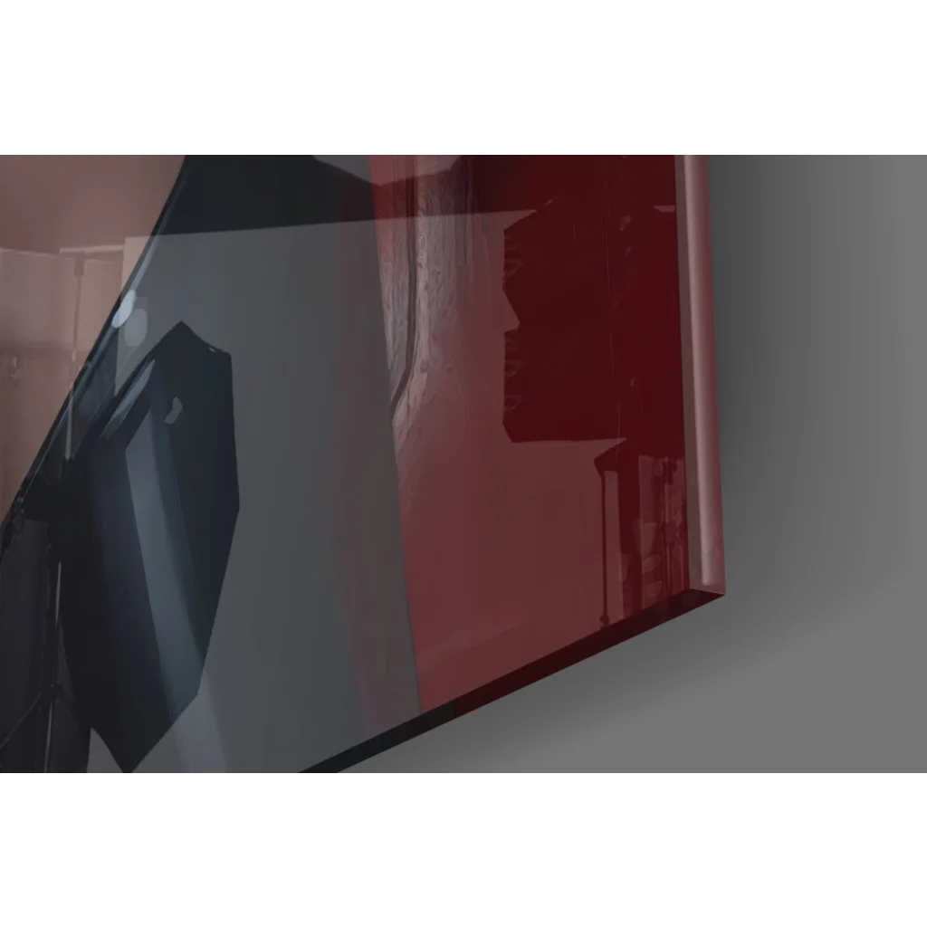 Sleek abstract glass wall art with bold geometric shapes in red and gray