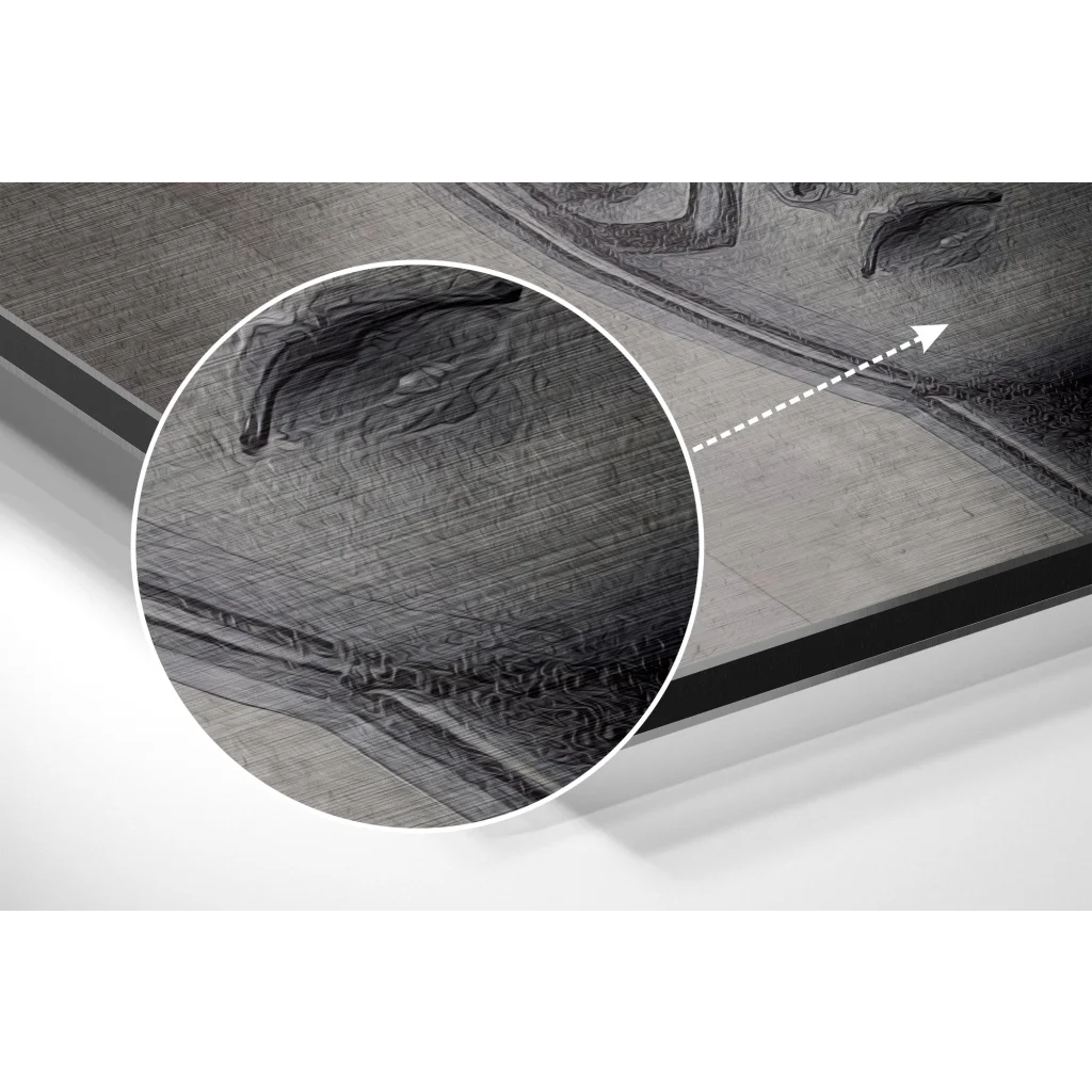 Black and gray textured portrait on brushed aluminium dibond