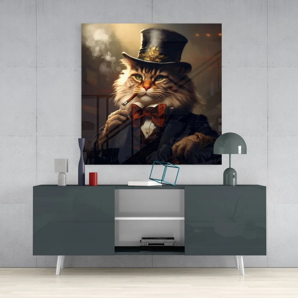 Dapper Cat Gentleman Tempered Glass Art Print | Contemporary Home Wall Art | vintageantiquesgifts.com