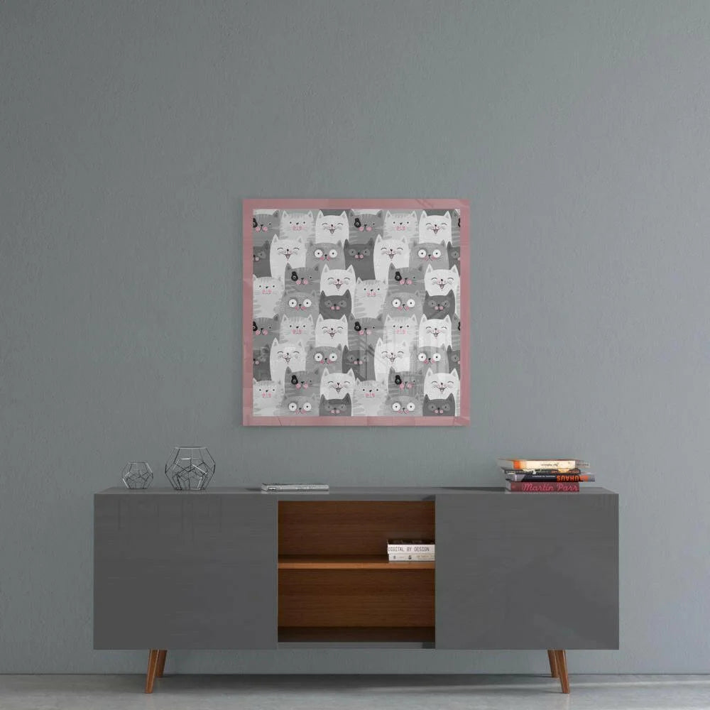 Adorable cat pattern glass wall art in pink frame with white cats