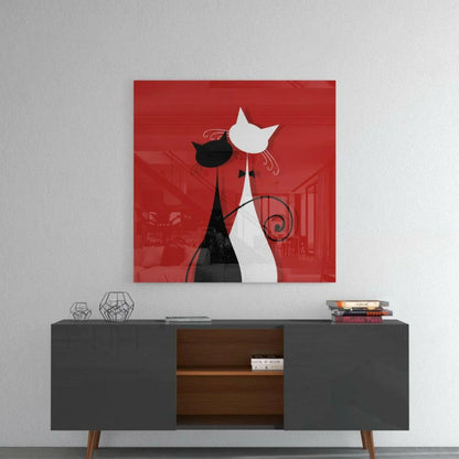 Red Cat Silhouette Glass Wall Art Panel | Glass Wall Art Print | vintageantiquesgifts.com