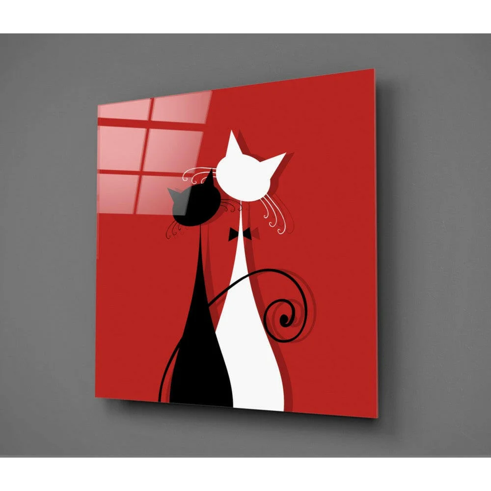 Red Cat Silhouette Glass Wall Art Panel | Modern Wall Art Decor | vintageantiquesgifts.com