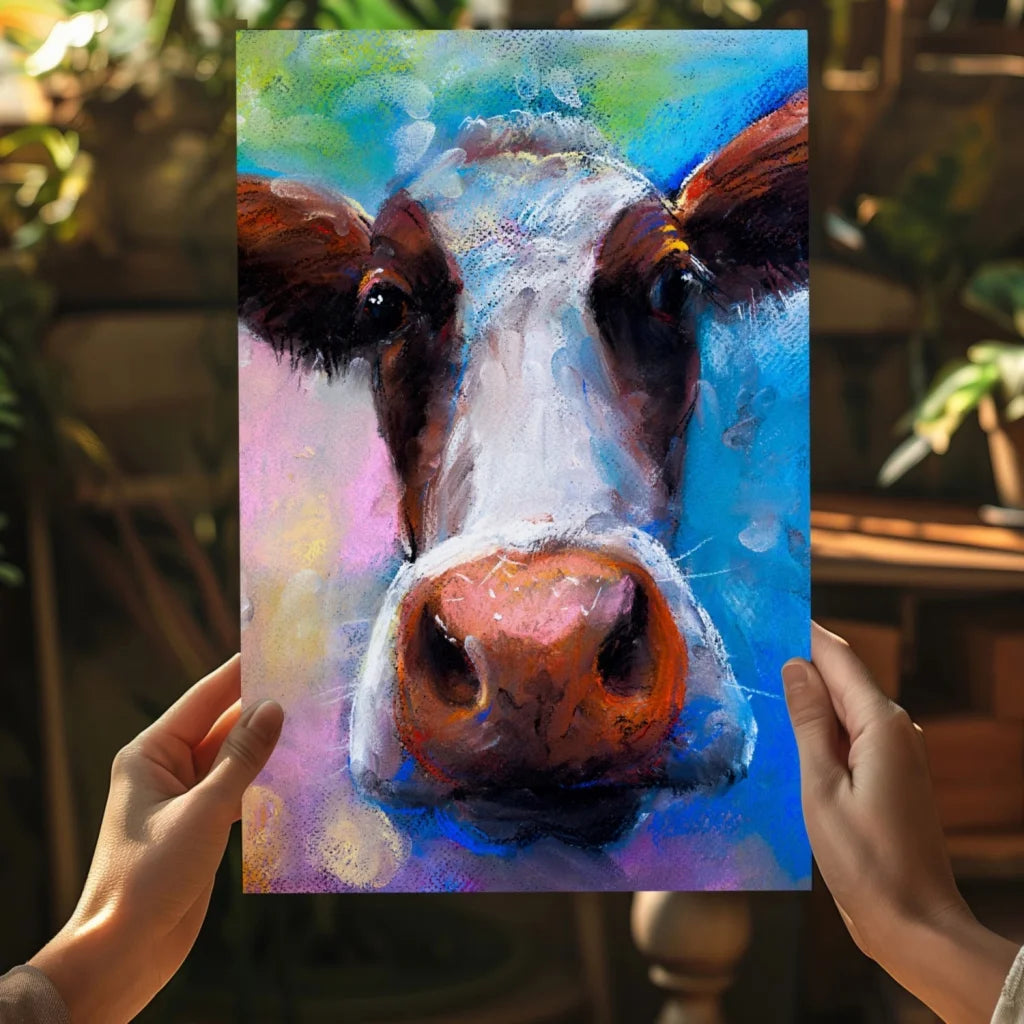 Vibrant pastel cow portrait on Insigne aluminum print