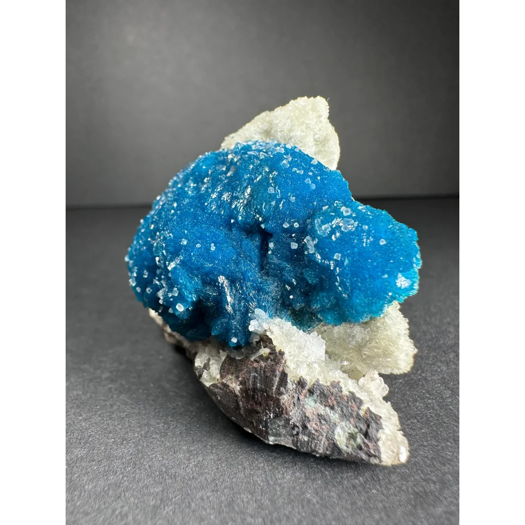 Vibrant blue cavansite with stilbite on sparkling white matrix from Pune, India