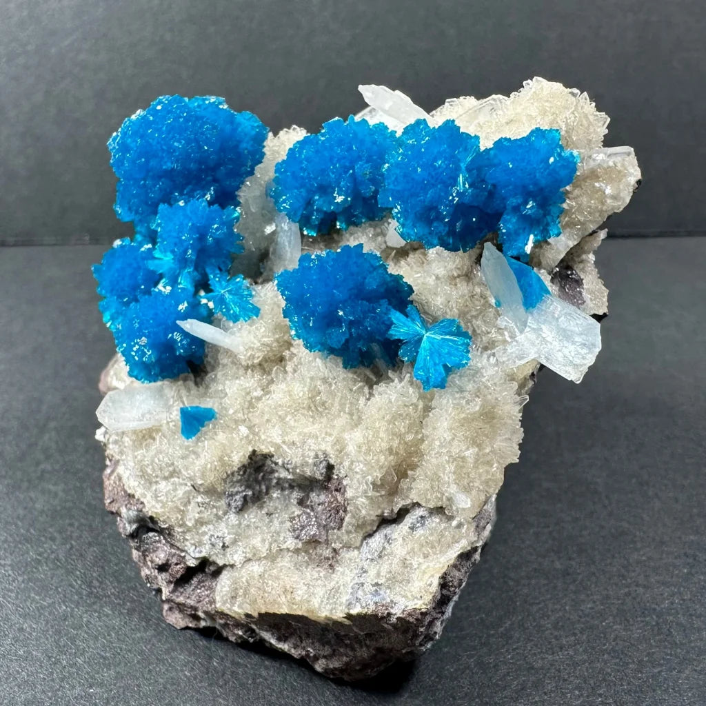 Vibrant blue cavansite with stilbite crystals on quartz matrix from Pune, India